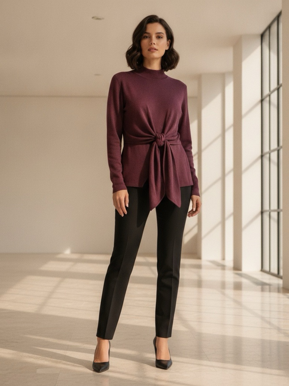 Salvatore Ferragamo 100% Wool Tie-Front Mock Neck Sweater Plum Purple M Italy